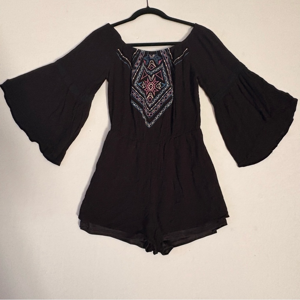 Altar'd State Black Embroidered Romper with Bell SleevesTextured Fabric